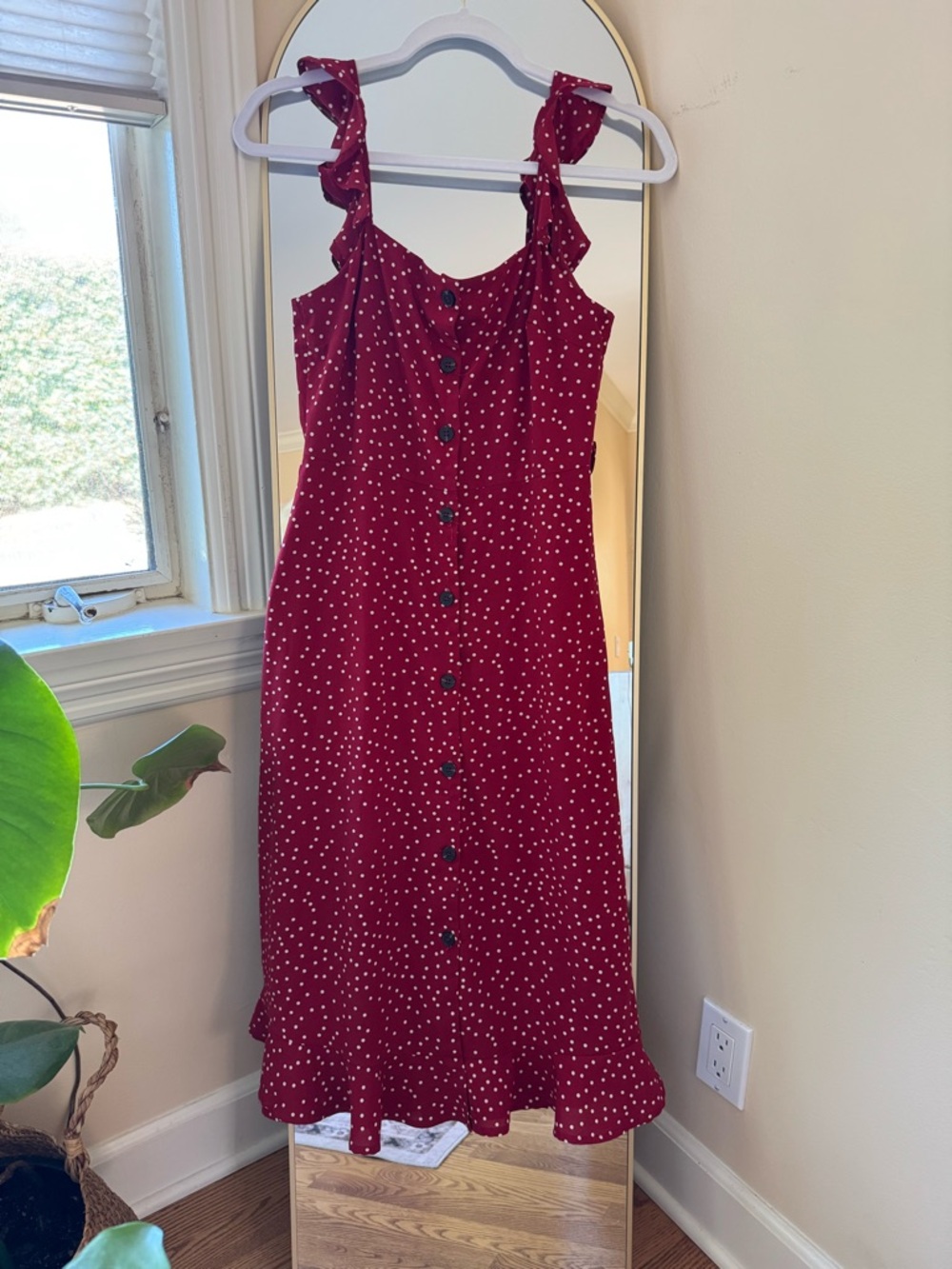 Women’s Red Polka Dot Midi Dress with Ruffle Straps from Azalea-Size Small